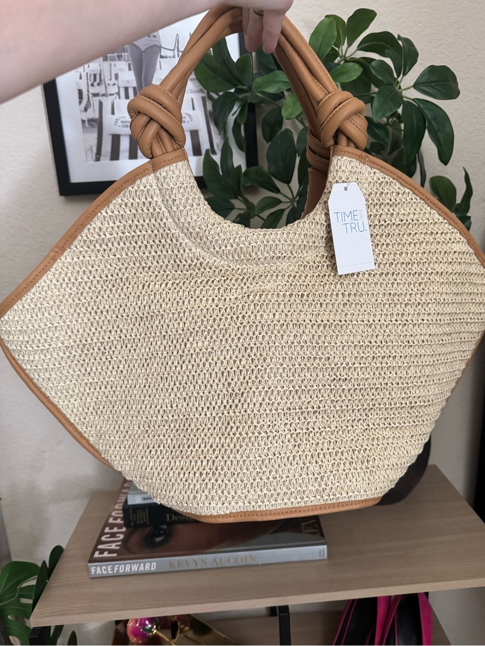Oversized Woven Straw Tote Bag Knotted Handles Beach Resort NWT Time and Tru